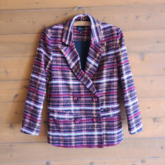 Topshop Madras Plaid Fringe Blazer Jacket Academia Pink Orange Fuzzy Preppy 2 - Picture 2 of 5
